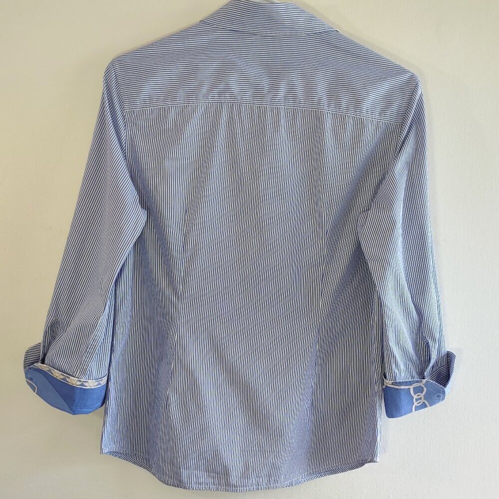J. McLaughlin Whitney Blouse Blue Stripe 3/4 Sleeve Button Up Classic Size 6 - Picture 4 of 8